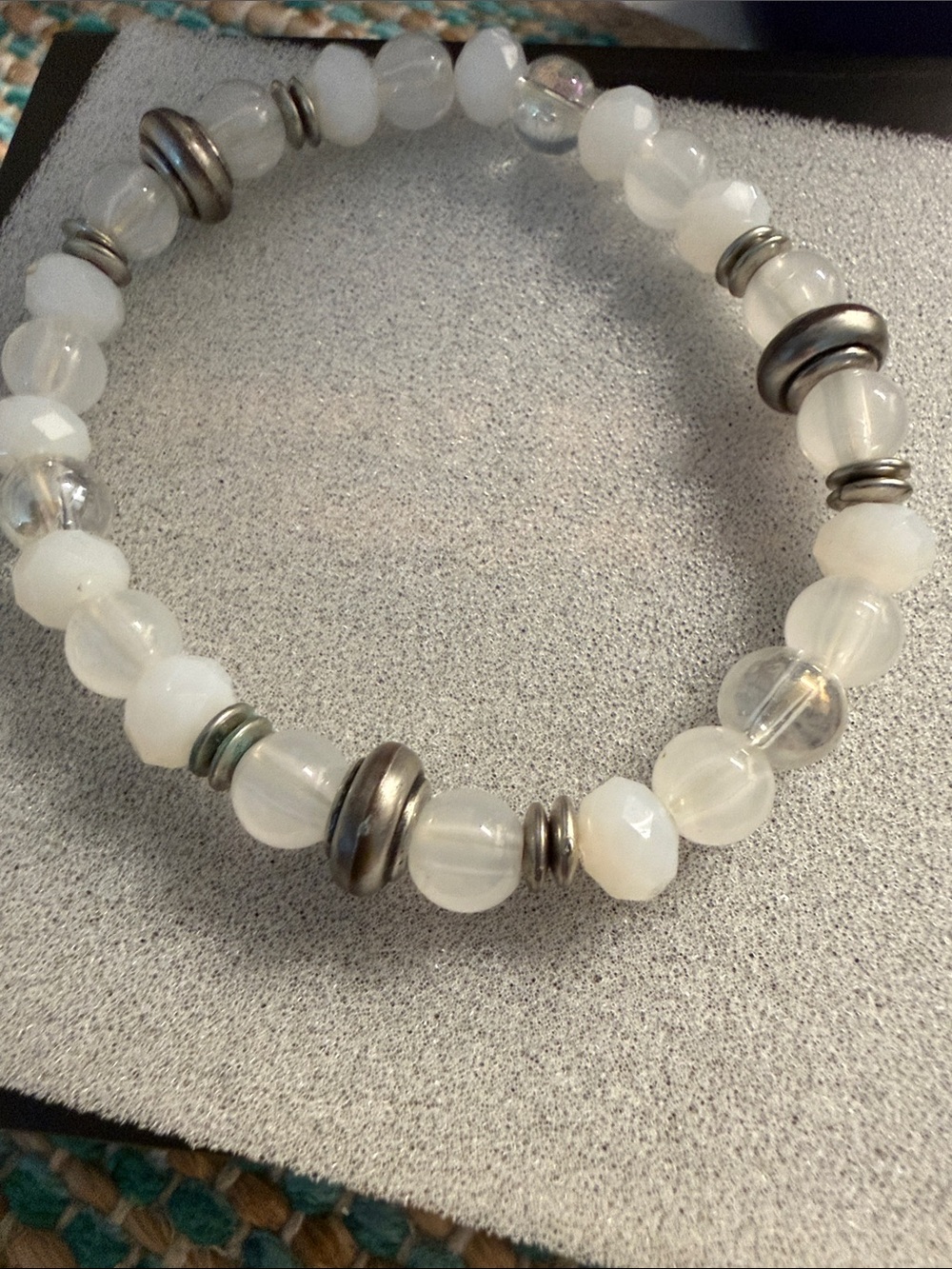 White Beaded Stretch Bracelet with Silver-Tone Spacers